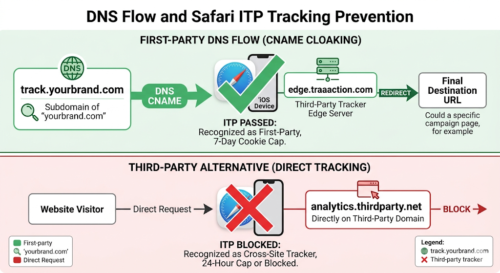 DNS flow diagram comparing first-party CNAME cloaking (ITP passes, 7-day cookie retention) vs third-party direct tracking (ITP blocks, 24-hour cap).