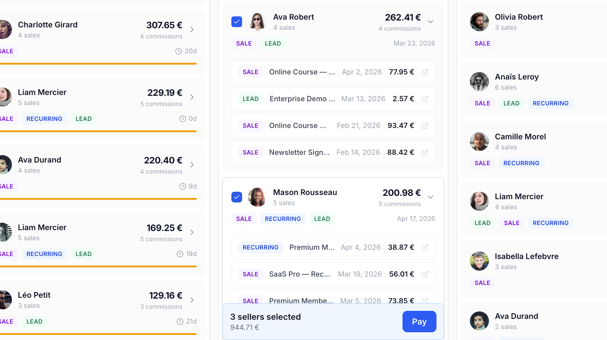 Traaaction payouts dashboard screenshot: 3 affiliates selected for a €944.71 bulk payout, with commission breakdown per seller (SALE, LEAD, RECURRING) and a Pay confirmation CTA.
